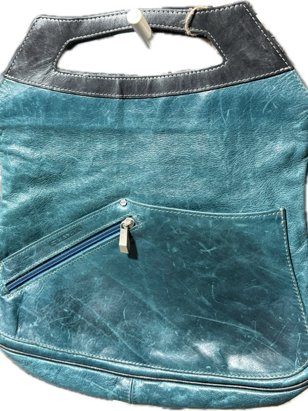 P019- Rimanchik Teal Leather Handheld Tote Bag with Black handle- everyday carry
